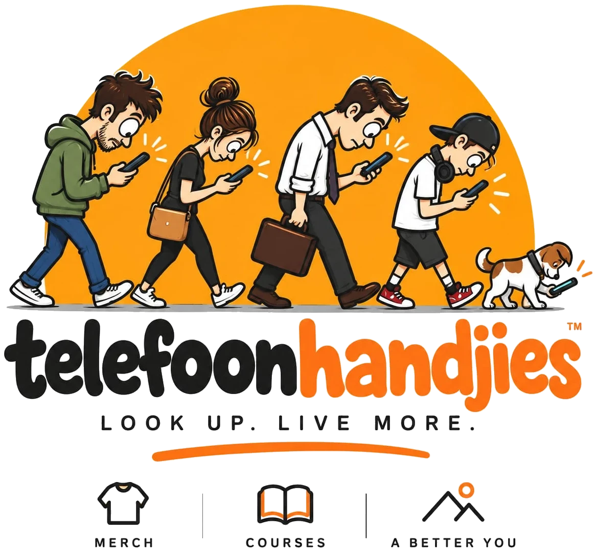telefoonhandjies™ logo: four people and a dog walking in single file, all staring at their phones, in front of a big orange sun. Look up. Live more. Merch, courses, a better you.
